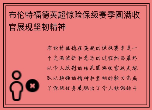 布伦特福德英超惊险保级赛季圆满收官展现坚韧精神