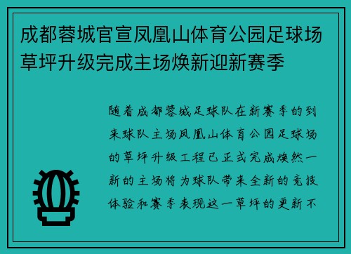 成都蓉城官宣凤凰山体育公园足球场草坪升级完成主场焕新迎新赛季