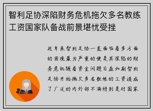 智利足协深陷财务危机拖欠多名教练工资国家队备战前景堪忧受挫